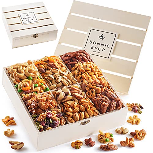 Nut Gift Basket, in Reusable Wooden Crate, Healthy Gift Option, Gourmet Snack Food Box, with Unique Flavors, Great for Feel Better, Sympathy & Birthday- Bonnie & Pop