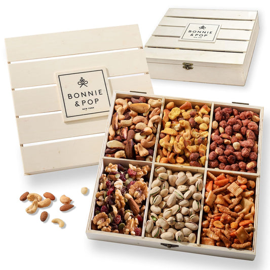 Nut Gift Basket, in Reusable Wooden Crate, Healthy Gift Option, Gourmet Snack Food Box, with Unique Flavors, Great for Feel Better, Sympathy & Birthday- Bonnie & Pop