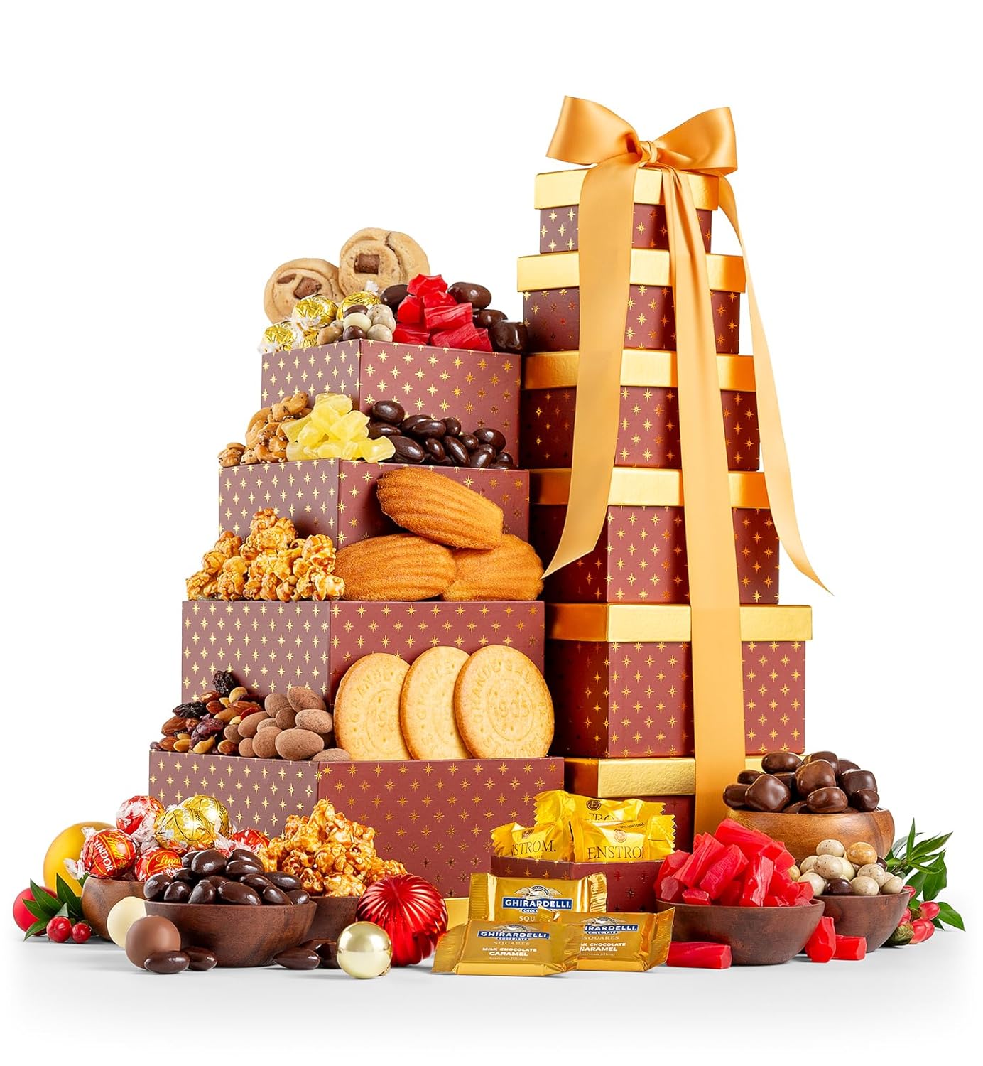 Ultimate Sharing Gift Tower A tower of six boxes filled with chocolate delights and savory treats is built to open and enjoy together.