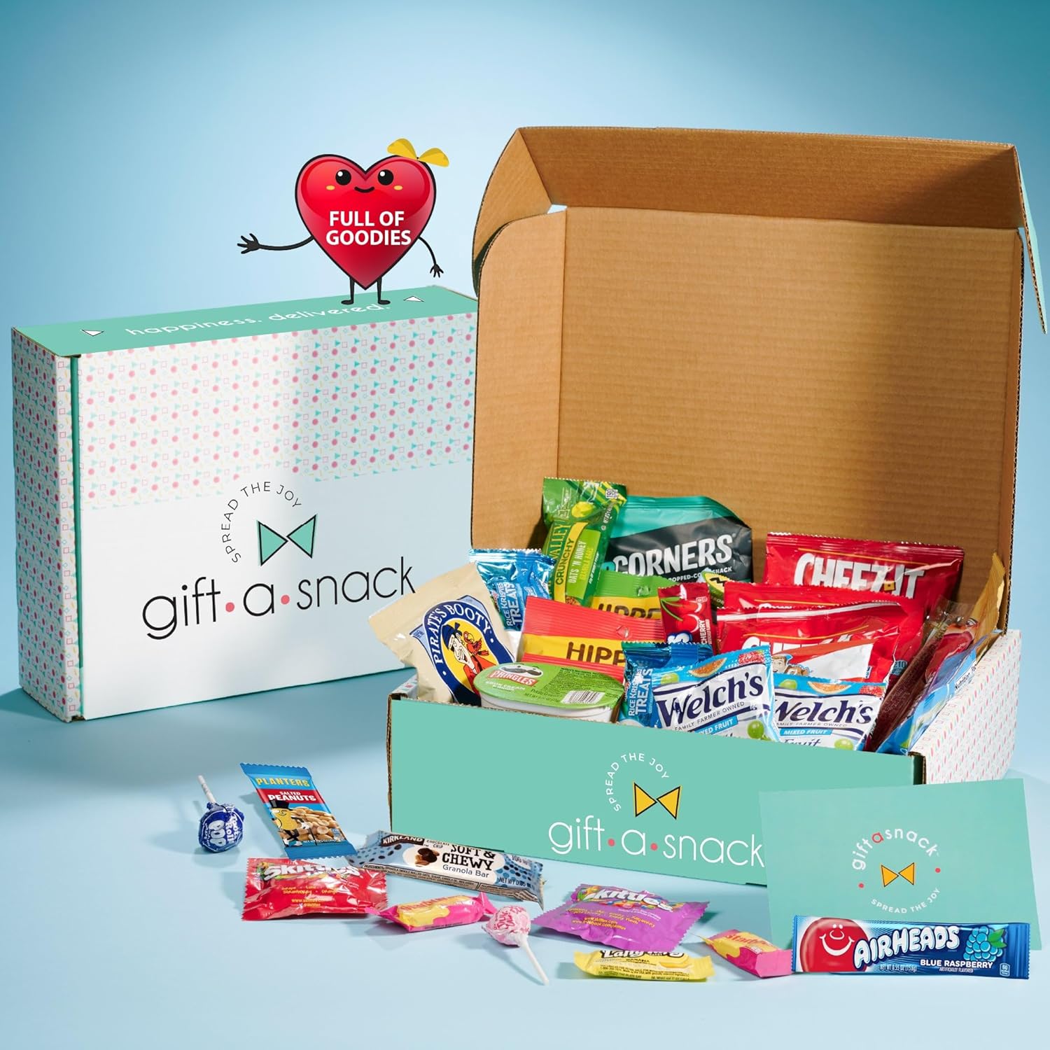 Gift A Snack - Holiday Christmas Snack Box Care Package Variety Pack + Greeting Card (150 Count) Xmas Stocking Stuffers Birthday Sweet Treats Gift Basket, Candies Chips Crackers Bars Corporate Gifts