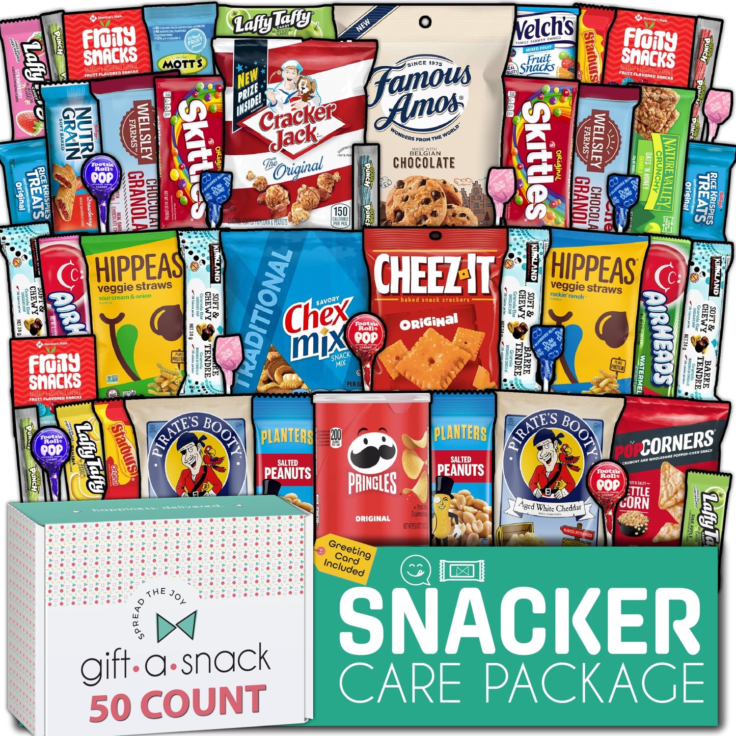 Gift A Snack - Holiday Christmas Snack Box Care Package Variety Pack + Greeting Card (150 Count) Xmas Stocking Stuffers Birthday Sweet Treats Gift Basket, Candies Chips Crackers Bars Corporate Gifts