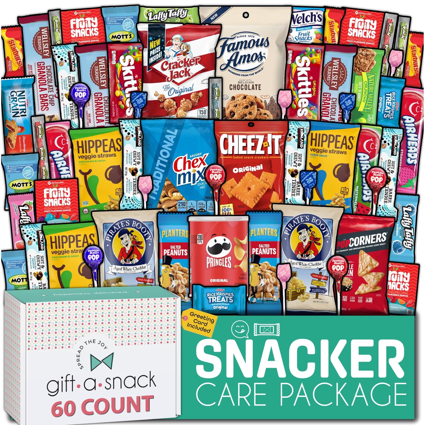 Gift A Snack - Holiday Christmas Snack Box Care Package Variety Pack + Greeting Card (150 Count) Xmas Stocking Stuffers Birthday Sweet Treats Gift Basket, Candies Chips Crackers Bars Corporate Gifts