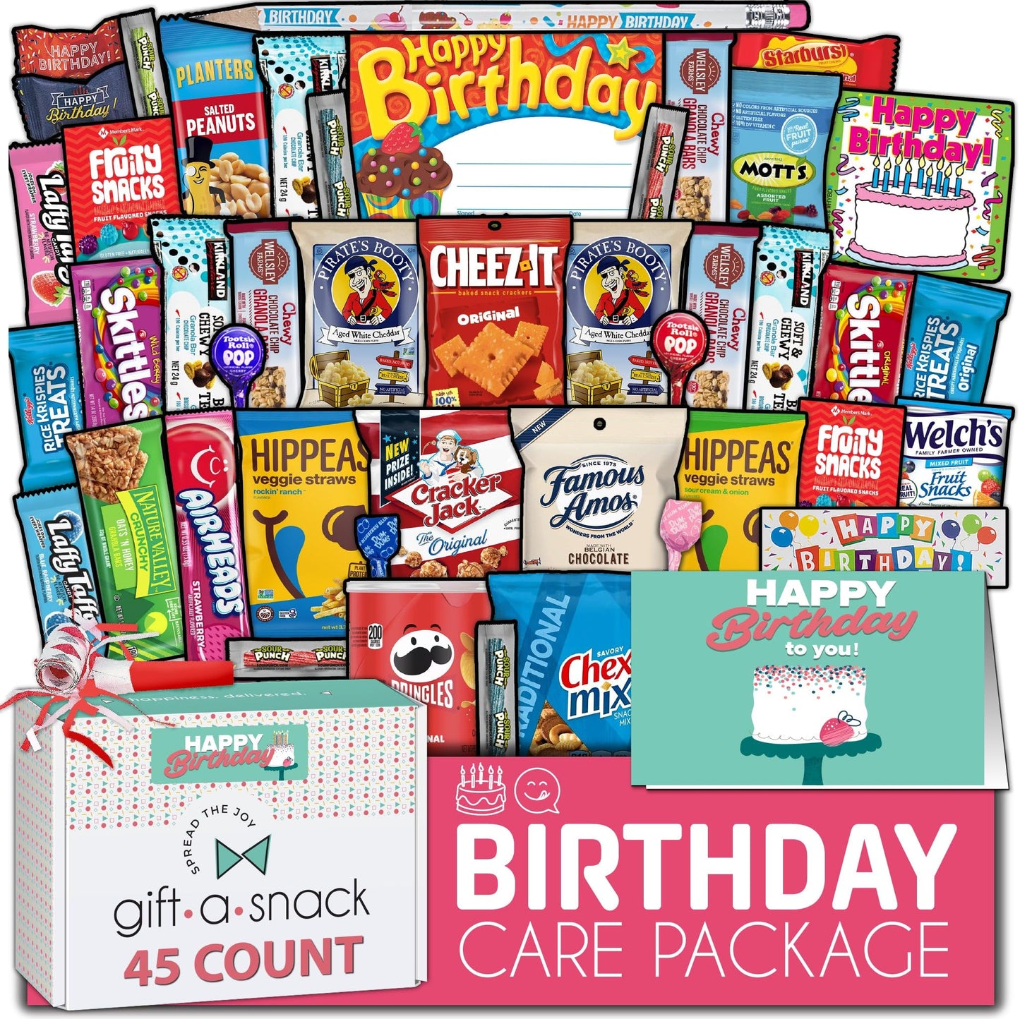 Gift A Snack - Holiday Christmas Snack Box Care Package Variety Pack + Greeting Card (150 Count) Xmas Stocking Stuffers Birthday Sweet Treats Gift Basket, Candies Chips Crackers Bars Corporate Gifts