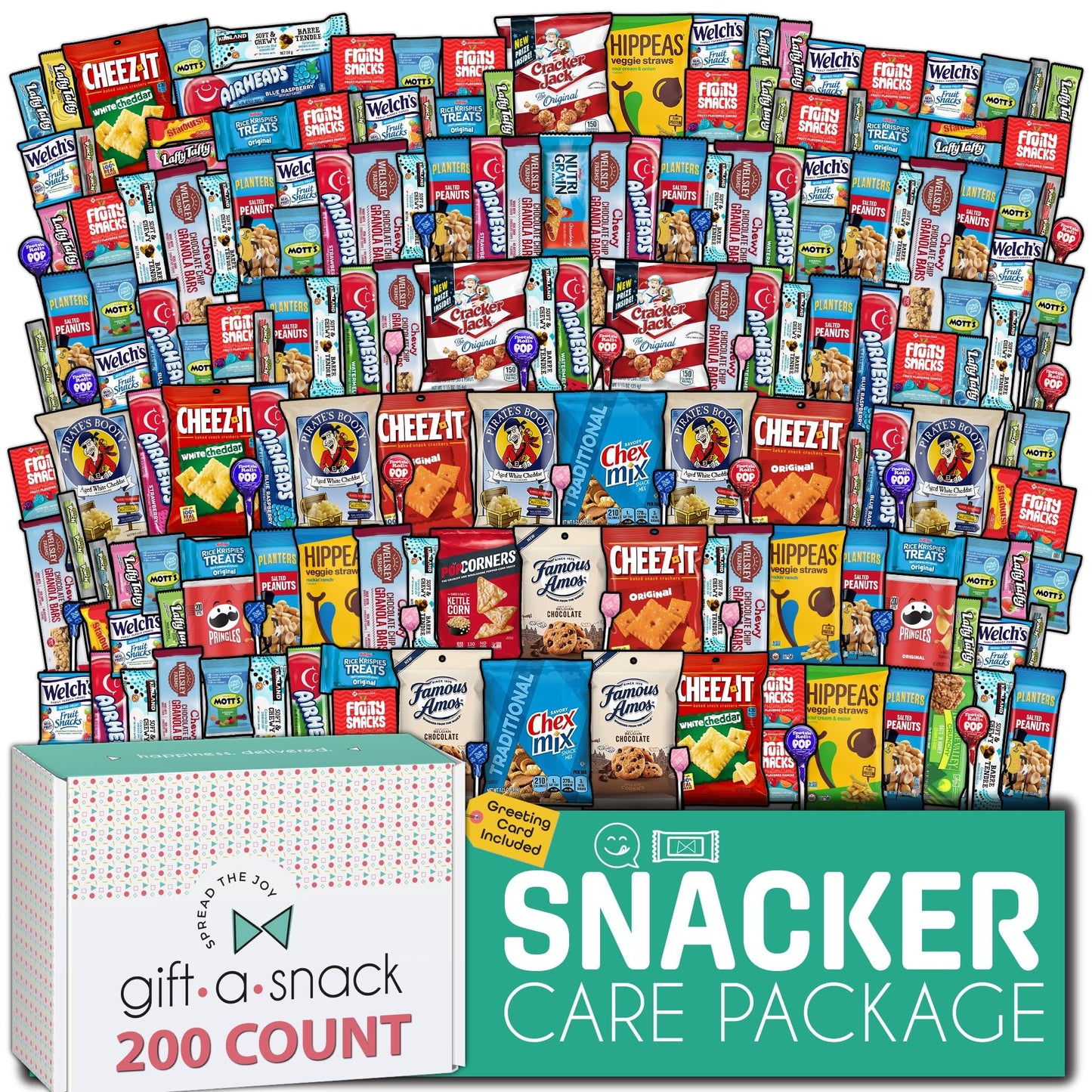 Gift A Snack - Holiday Christmas Snack Box Care Package Variety Pack + Greeting Card (150 Count) Xmas Stocking Stuffers Birthday Sweet Treats Gift Basket, Candies Chips Crackers Bars Corporate Gifts