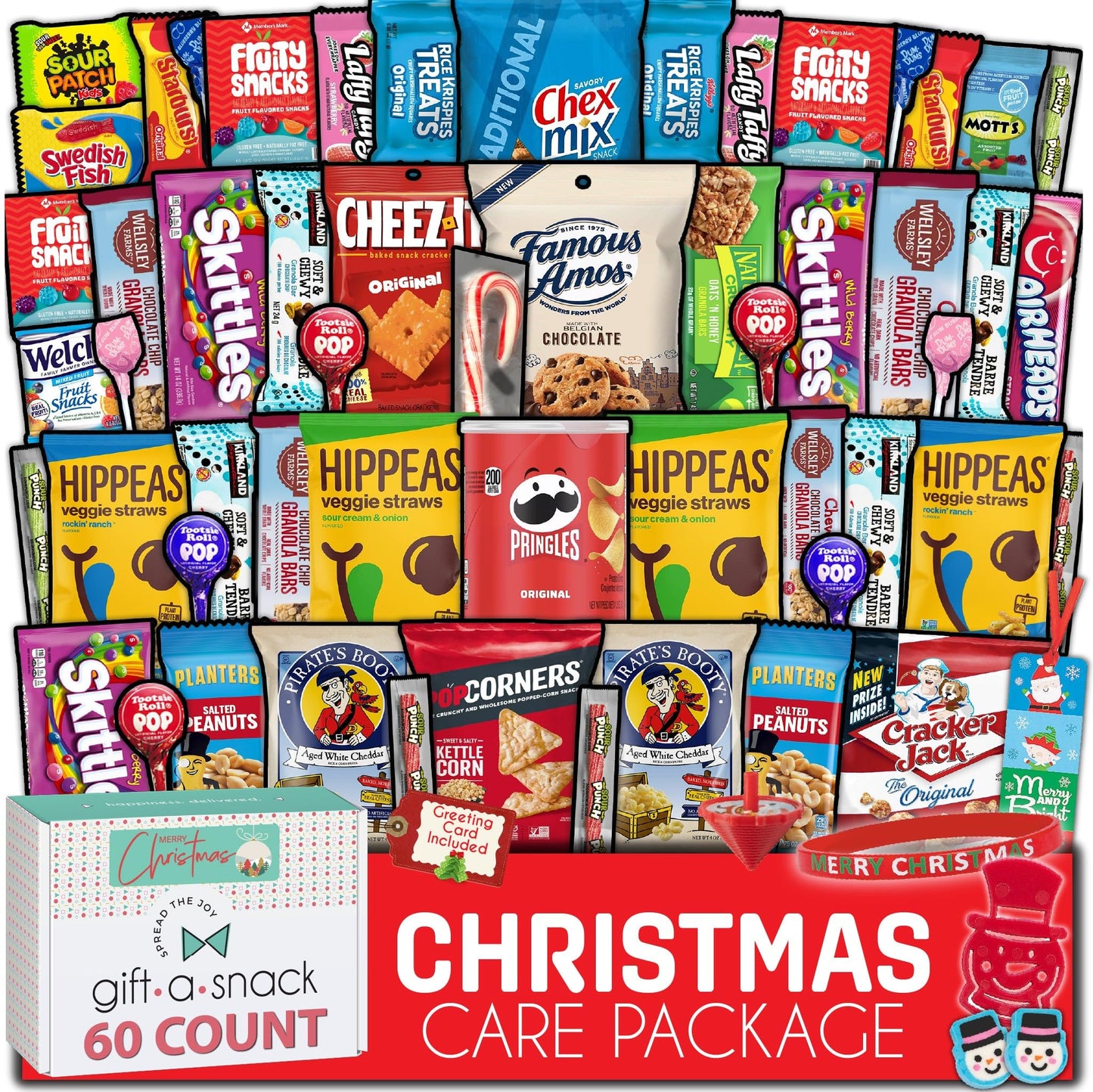 Gift A Snack - Holiday Christmas Snack Box Care Package Variety Pack + Greeting Card (150 Count) Xmas Stocking Stuffers Birthday Sweet Treats Gift Basket, Candies Chips Crackers Bars Corporate Gifts