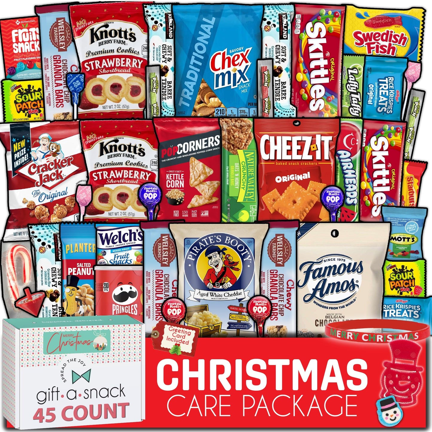 Gift A Snack - Holiday Christmas Snack Box Care Package Variety Pack + Greeting Card (150 Count) Xmas Stocking Stuffers Birthday Sweet Treats Gift Basket, Candies Chips Crackers Bars Corporate Gifts