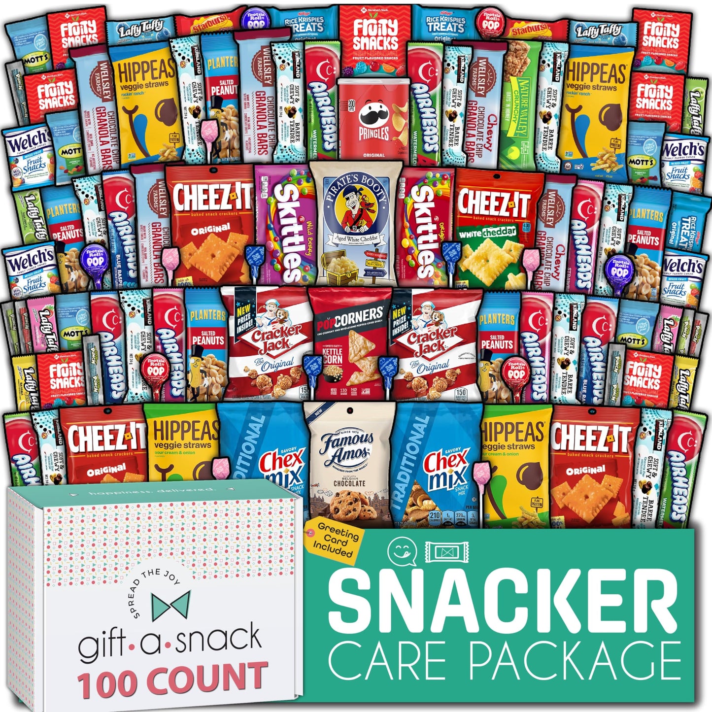 Gift A Snack - Holiday Christmas Snack Box Care Package Variety Pack + Greeting Card (150 Count) Xmas Stocking Stuffers Birthday Sweet Treats Gift Basket, Candies Chips Crackers Bars Corporate Gifts