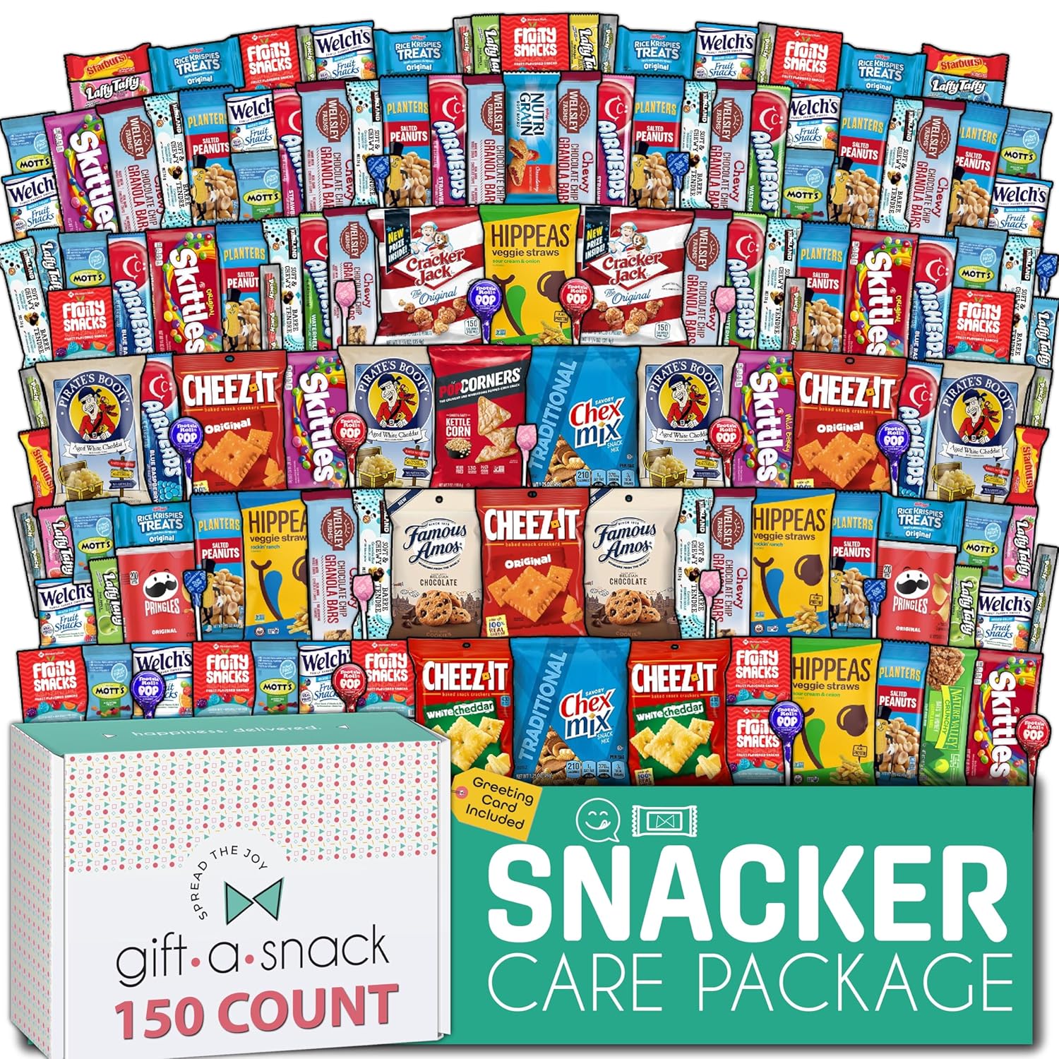 Gift A Snack - Holiday Christmas Snack Box Care Package Variety Pack + Greeting Card (150 Count) Xmas Stocking Stuffers Birthday Sweet Treats Gift Basket, Candies Chips Crackers Bars Corporate Gifts