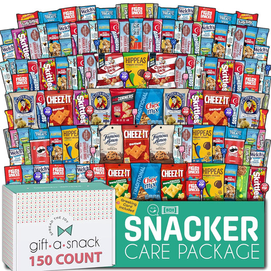 Gift A Snack - Holiday Christmas Snack Box Care Package Variety Pack + Greeting Card (150 Count) Xmas Stocking Stuffers Birthday Sweet Treats Gift Basket, Candies Chips Crackers Bars Corporate Gifts